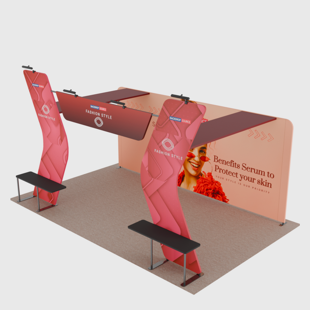 6x3m Booth Kit with 6m Backwall, V-Shape Shelving & Sign