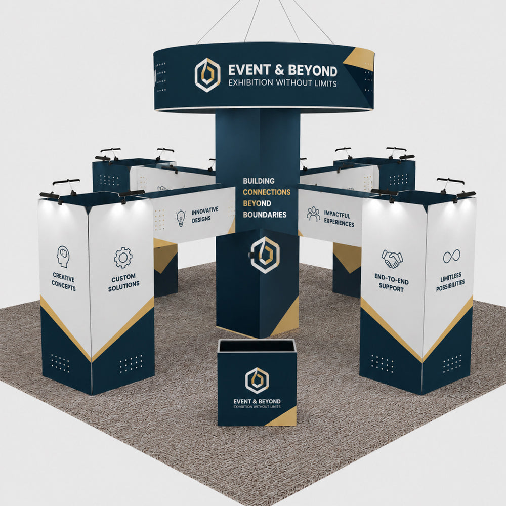 9x9m Cubic Tower Island Booth with Hanging Banner & Counters