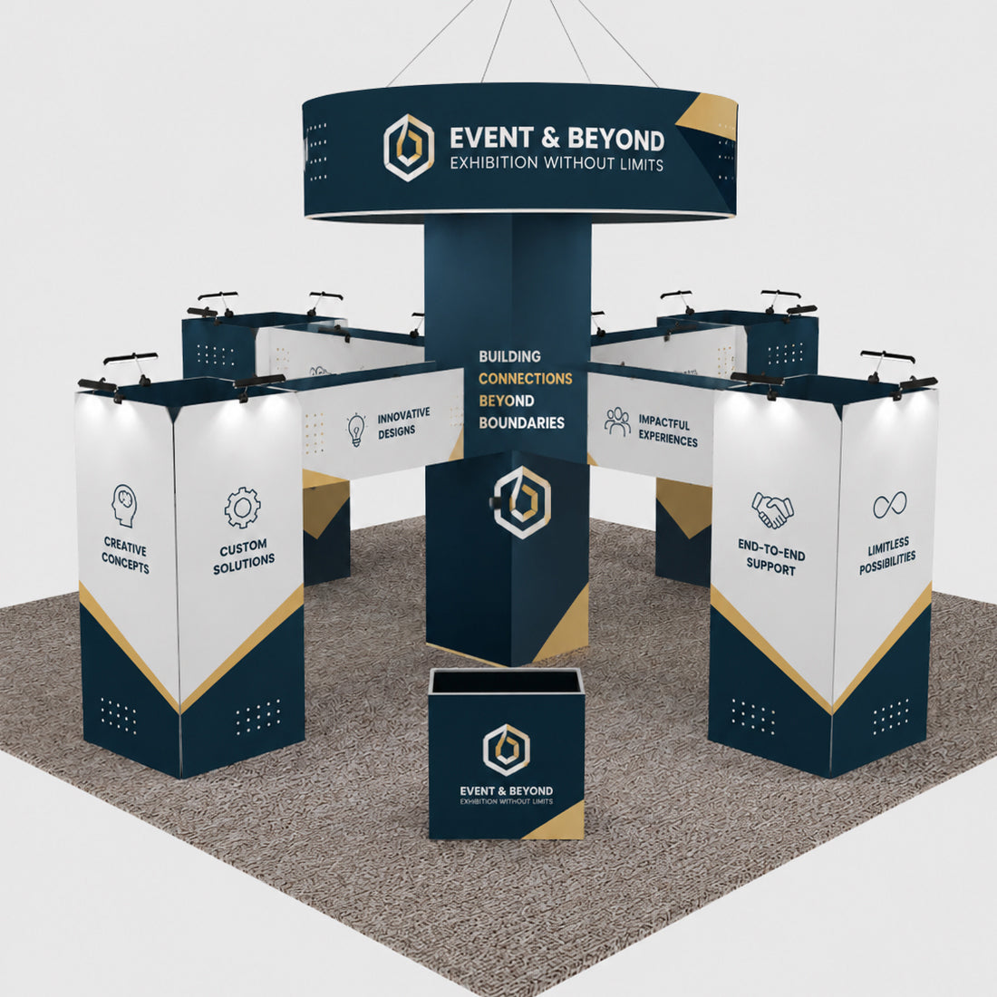 9x9m Cubic Tower Island Booth with Hanging Banner & Counters