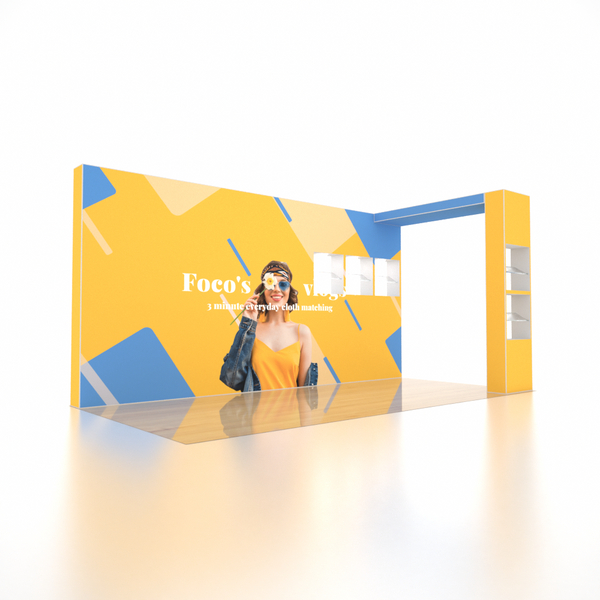 6x3m SEG Popup Booth with L-Arch Wall & 5-Shelf LED Showcase