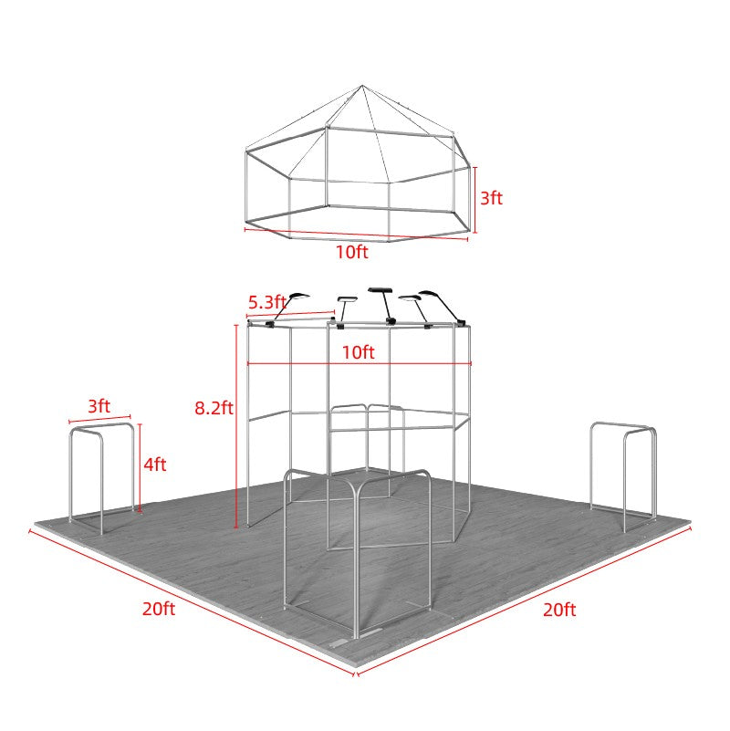 6x6m Island Booth with Hexagon Lounge Enclosure & Hanging Sign