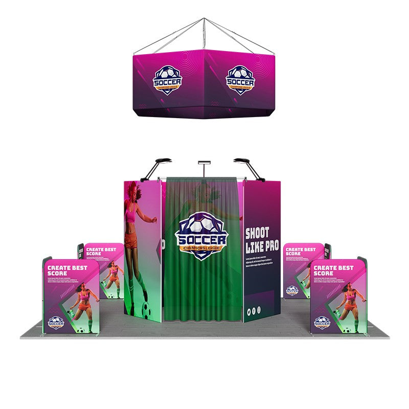 6x6m Island Booth with Hexagon Lounge Enclosure & Hanging Sign