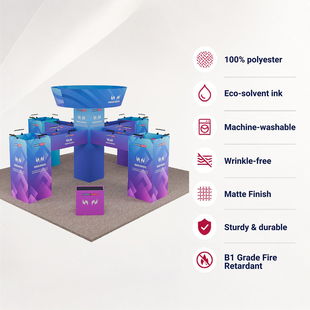 9x9m Cubic Tower Island Booth with Hanging Banner & Counters