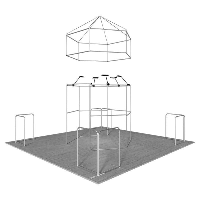 6x6m Island Booth with Hexagon Lounge Enclosure & Hanging Sign