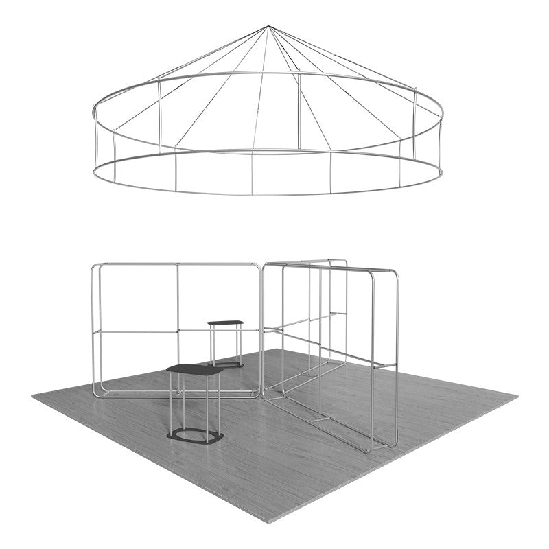 6x6m Island Booth with 3D Fabric Walls & Circular Hanging Sign