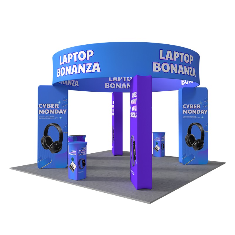 6x6m Island Booth with 3D Media Walls & 3 Counters