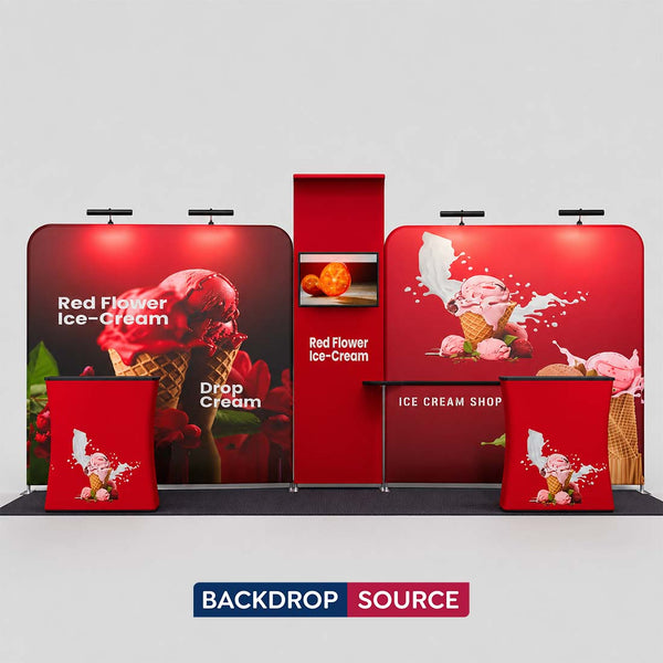 3x6m Booth Kit with 4.9m Backwall, Curved TV Wall & 2 Counters