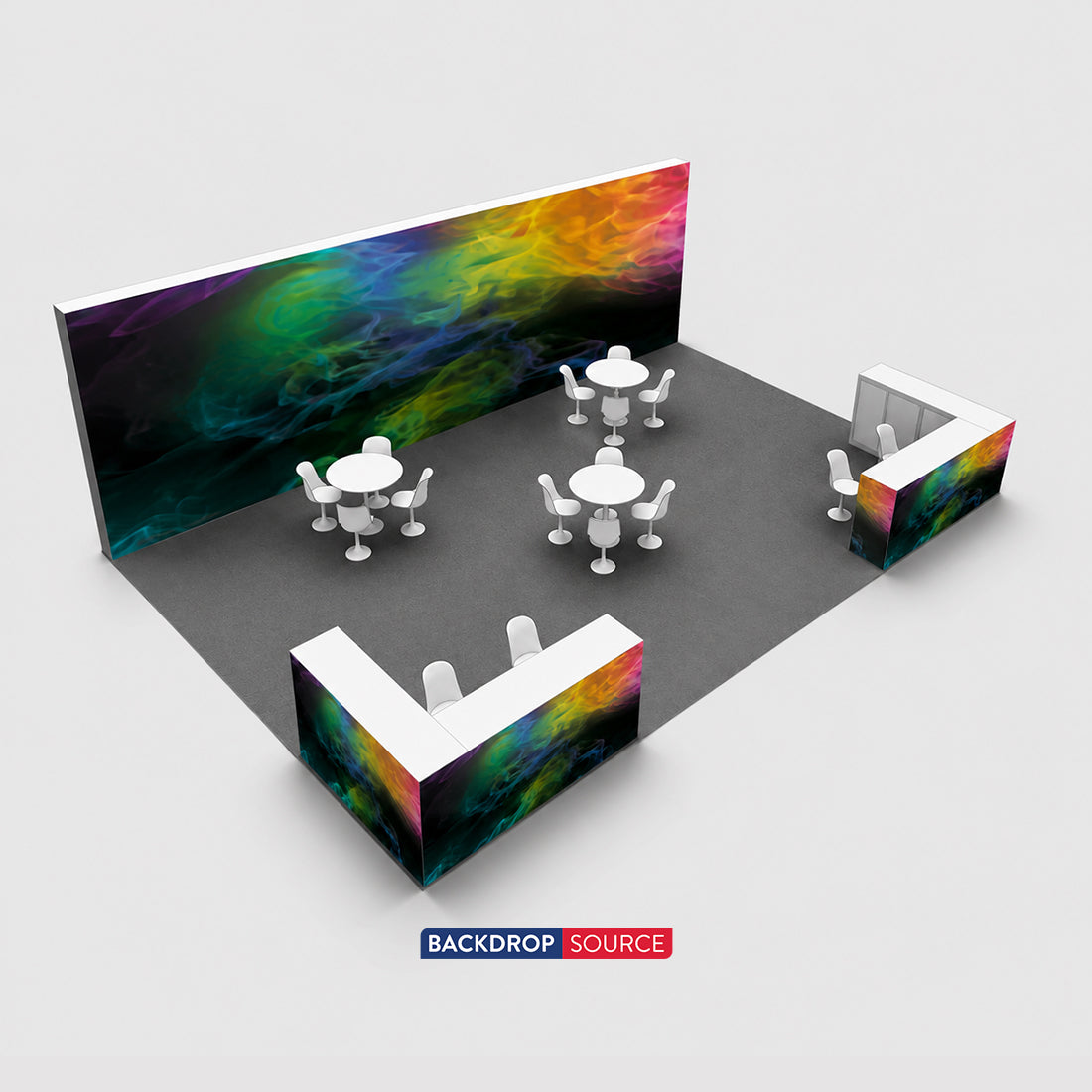 9x6m SEG Booth Kit with Full-Width Media Wall & 4 Counters