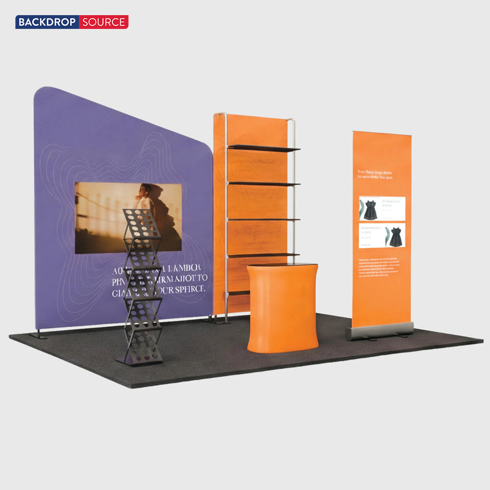 3x3m Booth Kit with Inclined Wall, Pegboard Shelving & Roll-Up