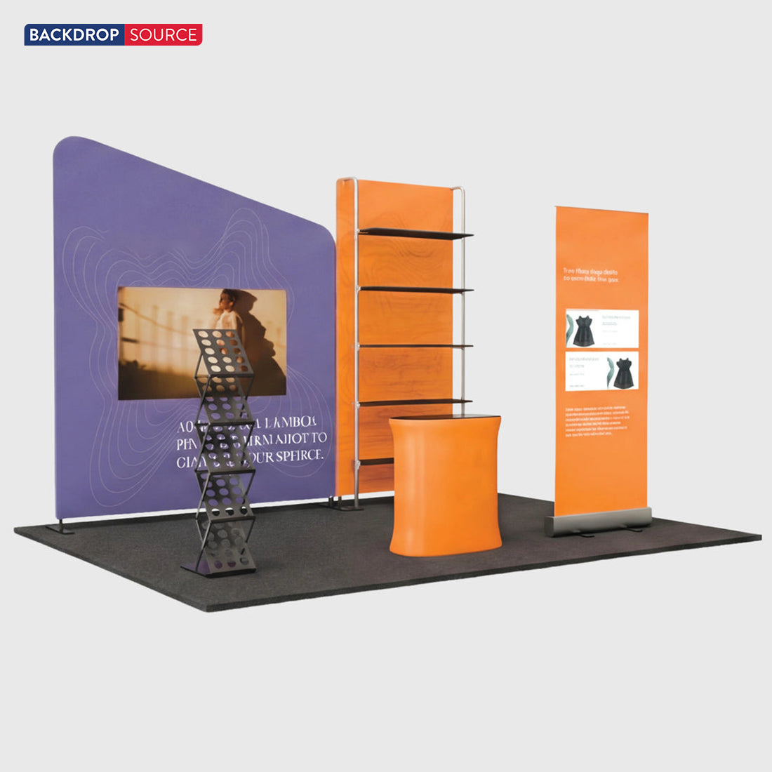 3x3m Booth Kit with Inclined Wall, Pegboard Shelving & Roll-Up