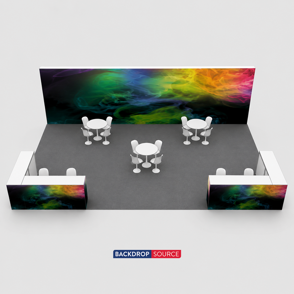 9x6m SEG Booth Kit with Full-Width Media Wall & 4 Counters