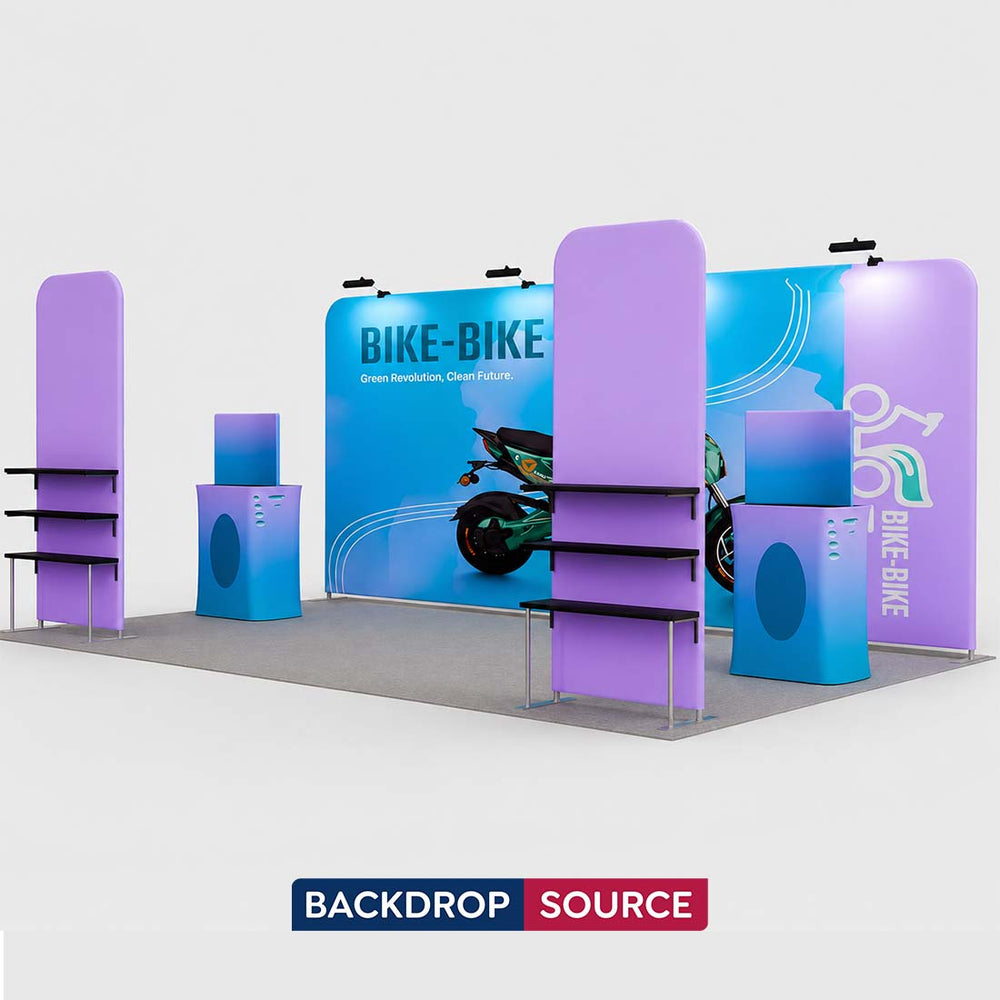 3x6m Booth Kit with Tension Walls, Shelving & 2 Counters