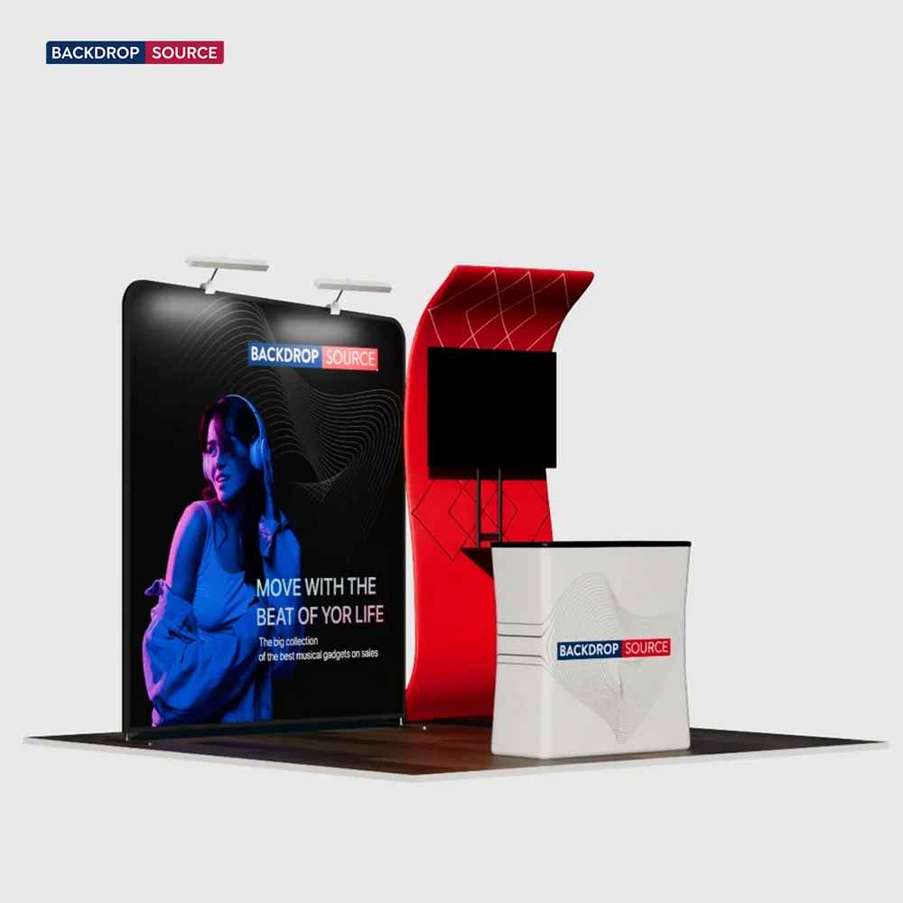 3x3m Booth Kit with S-Curve Panel & Inclined Wall, Counter & TV