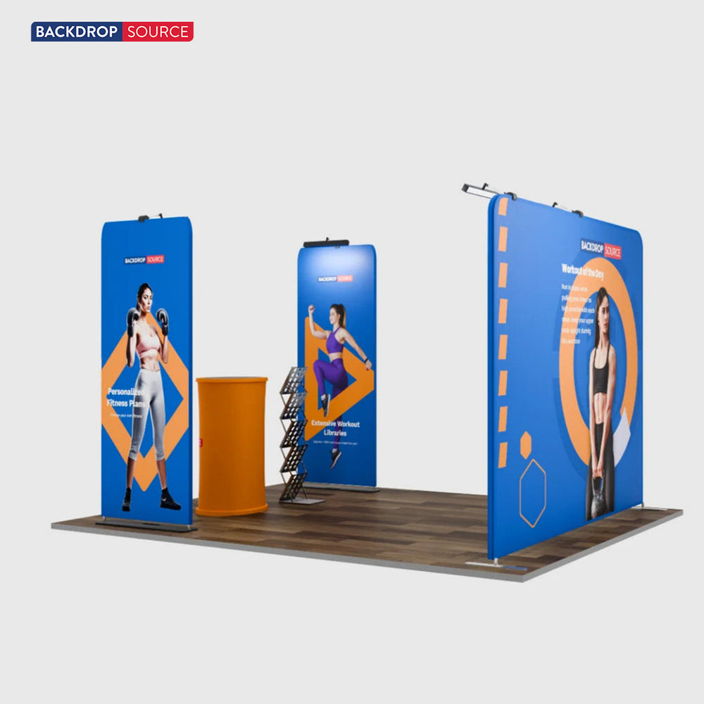 3x3m Booth Kit with Backwall, 2 Banners, TV Shelf & Oval Counter
