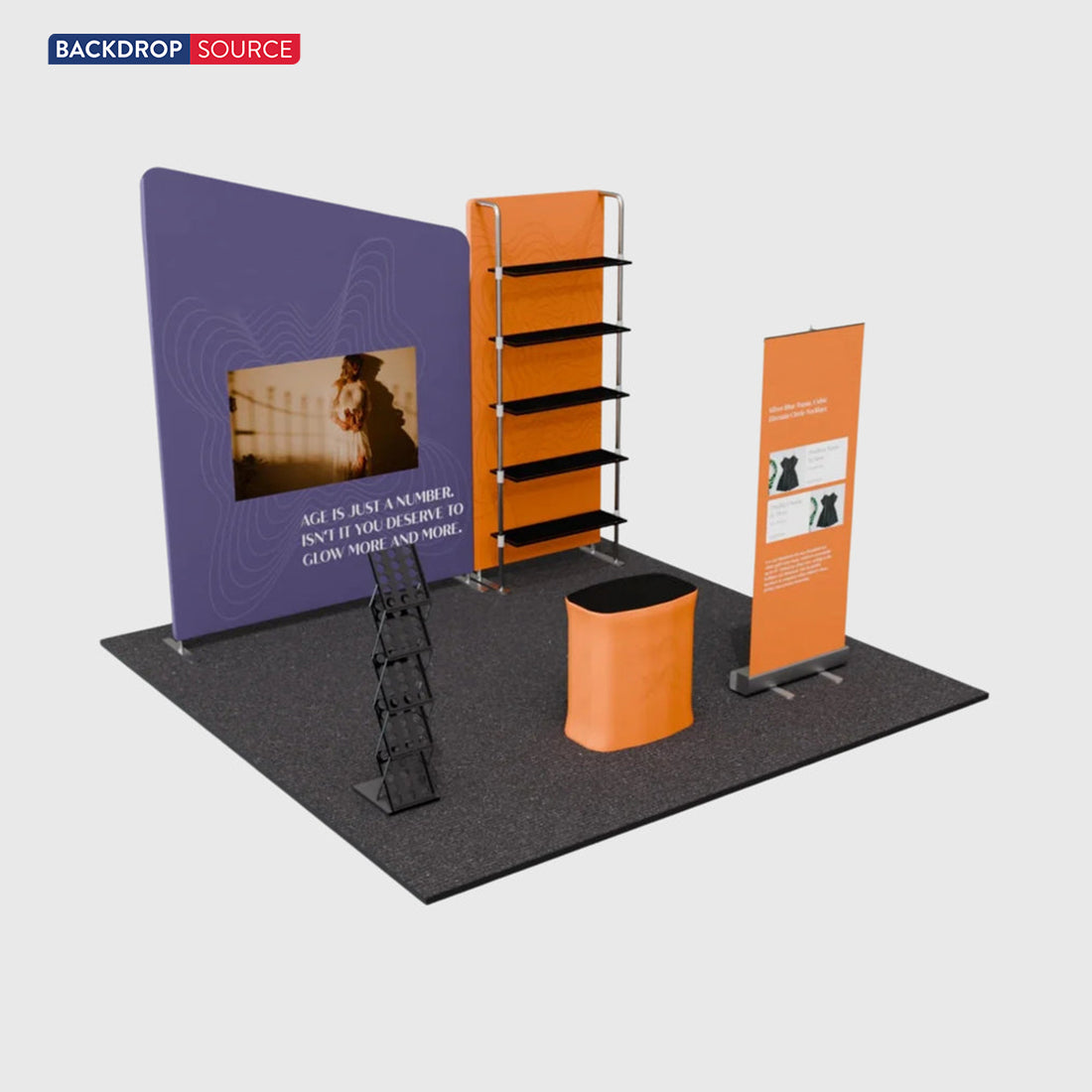 3x3m Booth Kit with Inclined Wall, Pegboard Shelving & Roll-Up