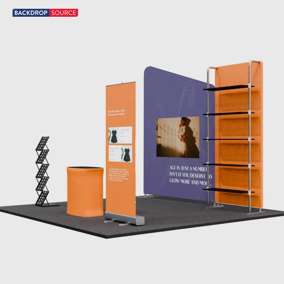 3x3m Booth Kit with Inclined Wall, Pegboard Shelving & Roll-Up
