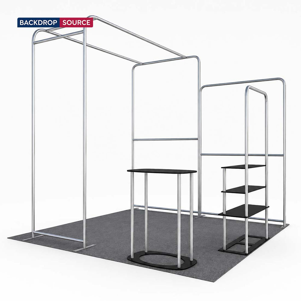 3x3m L-Arch Booth Kit with Straight Walls, Shelving & 2 Counters