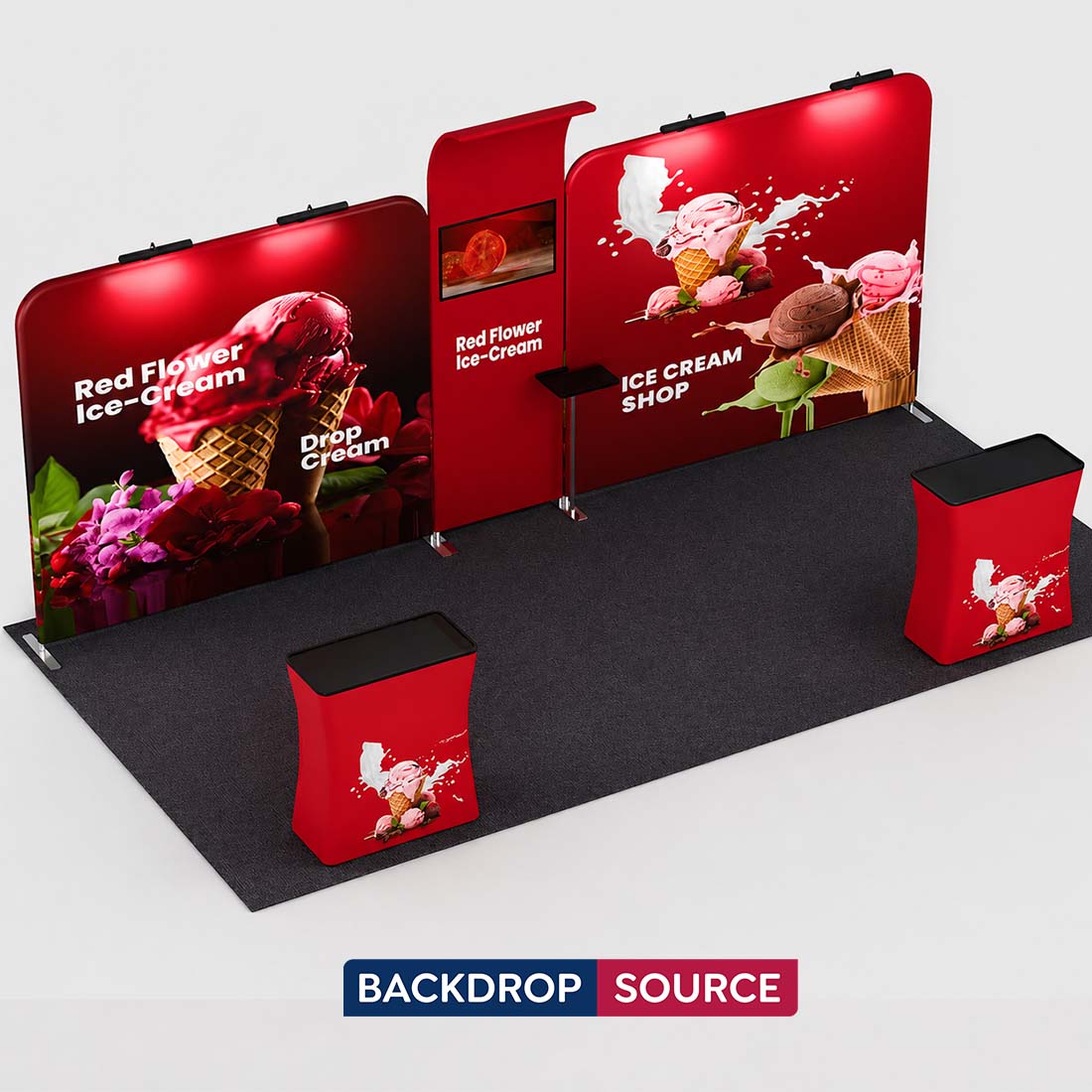 3x6m Booth Kit with 4.9m Backwall, Curved TV Wall & 2 Counters