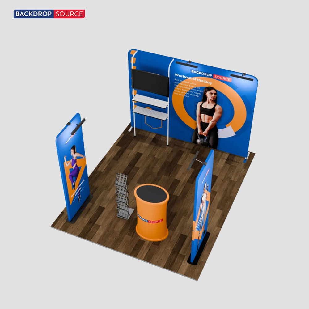 3x3m Booth Kit with Backwall, 2 Banners, TV Shelf & Oval Counter