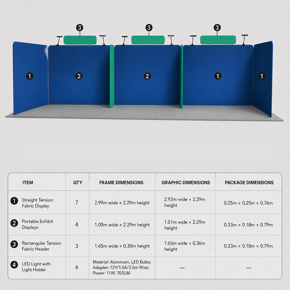 9x6m Tension Fabric Booth Kit with Banner Stands & LED Lights