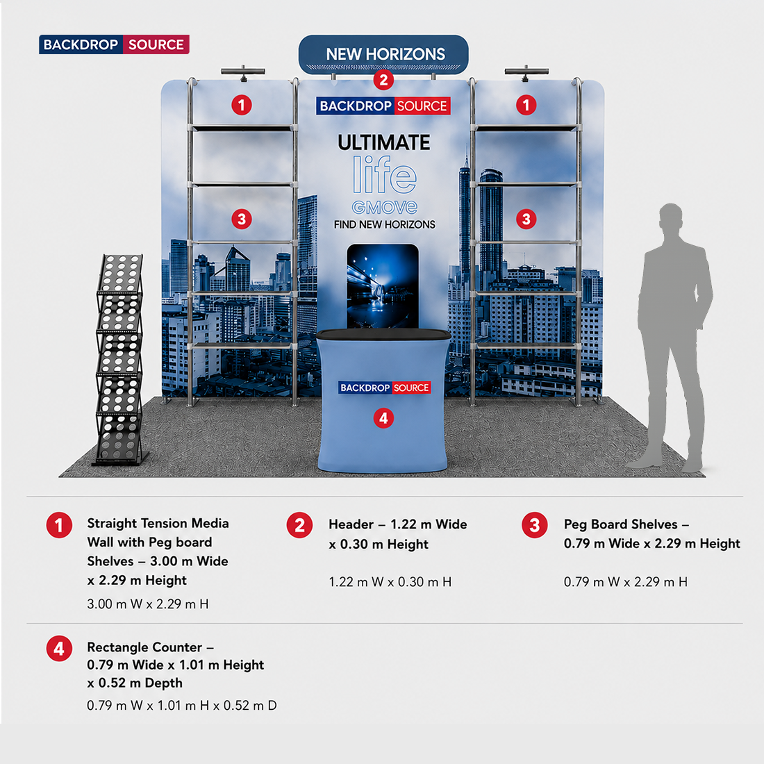 3x3m Booth Kit with Pegboard Shelving, Header & Counter