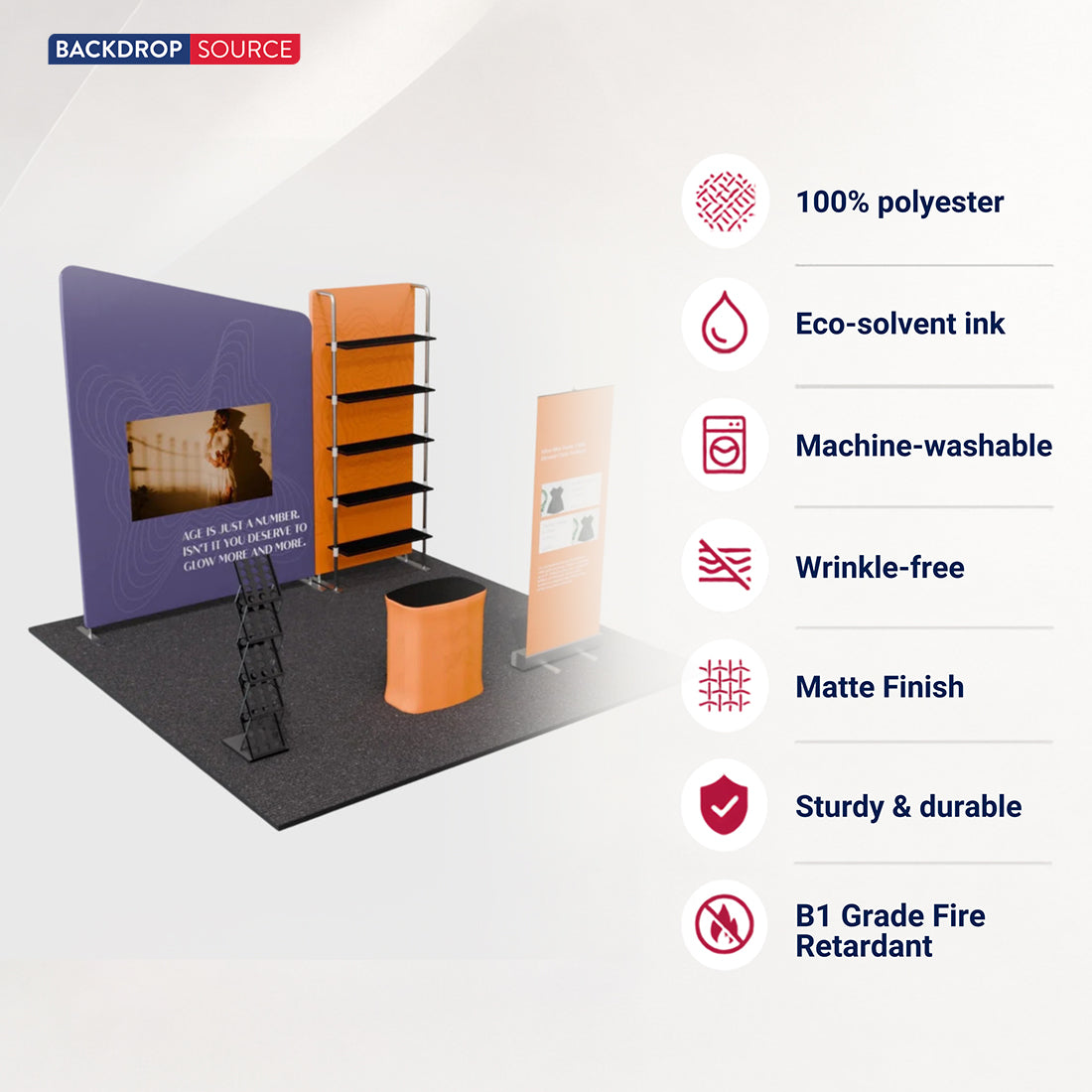 3x3m Booth Kit with Inclined Wall, Pegboard Shelving & Roll-Up