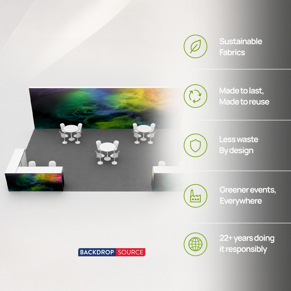9x6m SEG Booth Kit with Full-Width Media Wall & 4 Counters