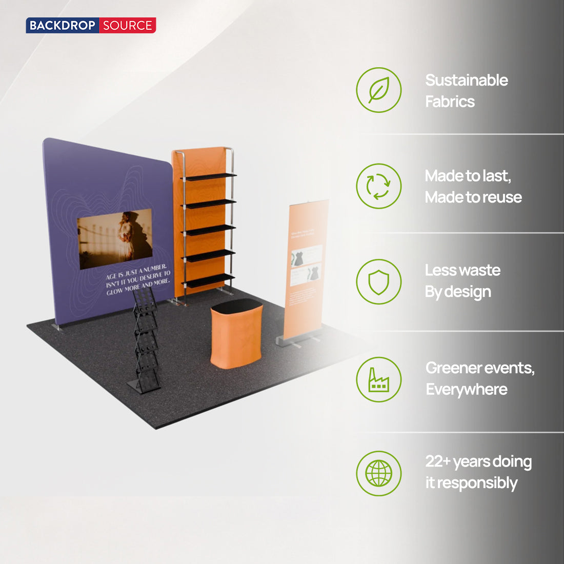 3x3m Booth Kit with Inclined Wall, Pegboard Shelving & Roll-Up