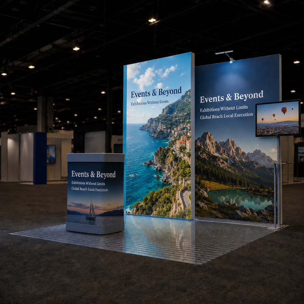 3x3m Backlit SEG Booth Kit with TV Wall & LED Counter