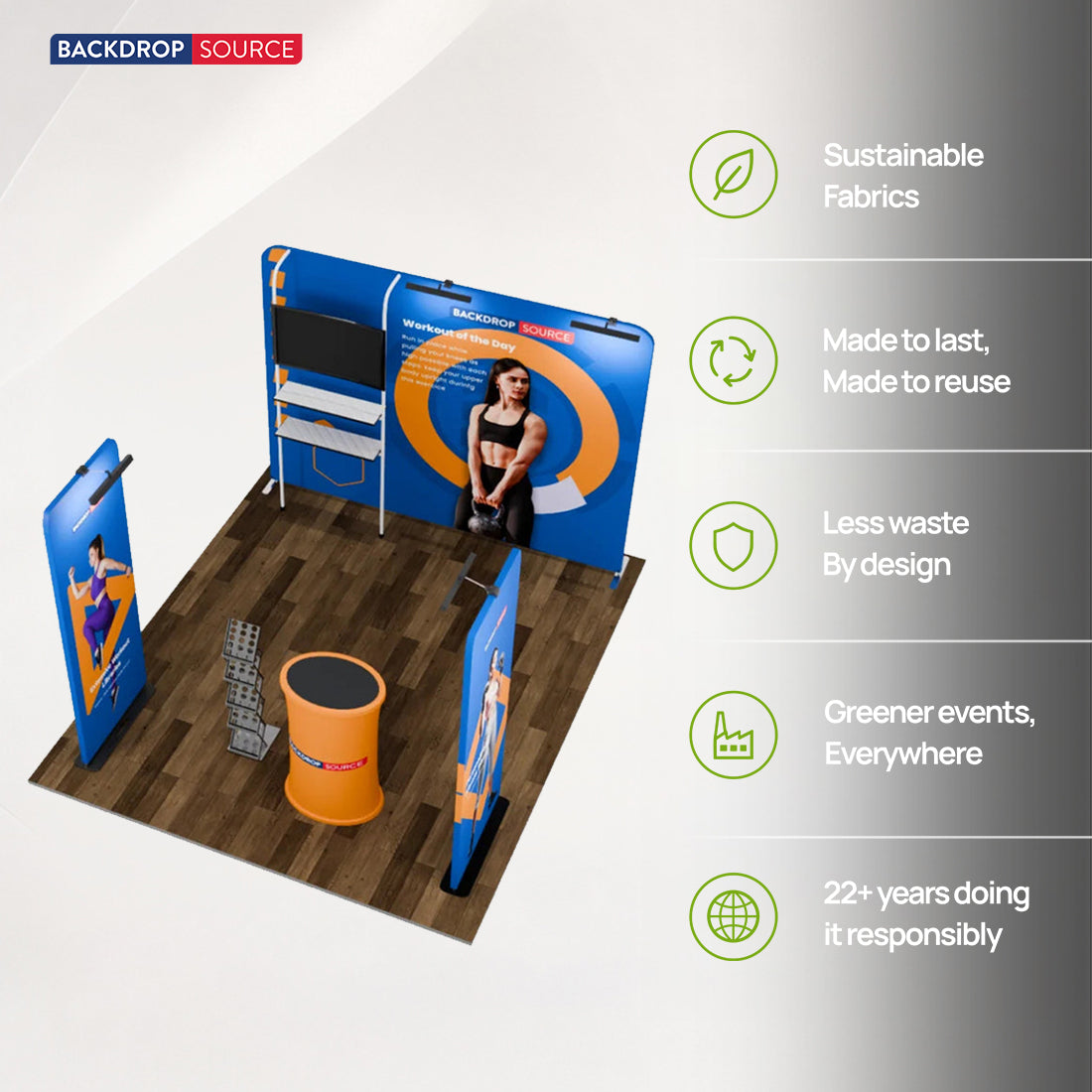 3x3m Booth Kit with Backwall, 2 Banners, TV Shelf & Oval Counter