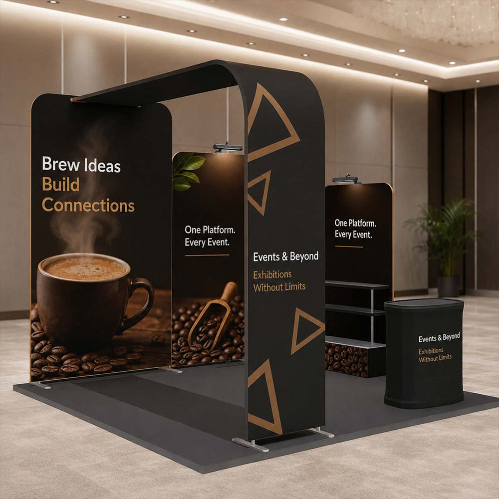 3x3m L-Arch Booth Kit with Straight Walls, Shelving & 2 Counters