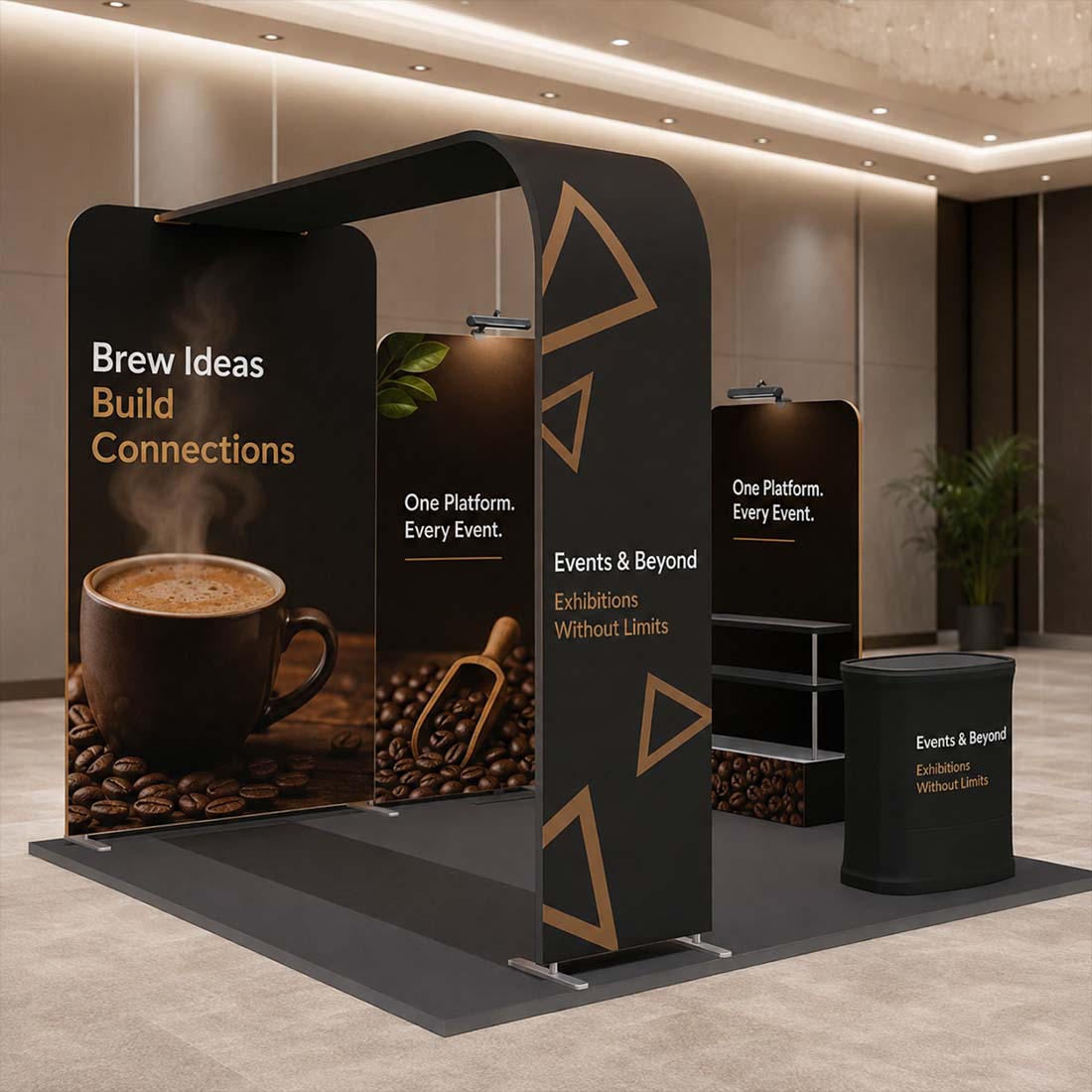 3x3m L-Arch Booth Kit with Straight Walls, Shelving & 2 Counters