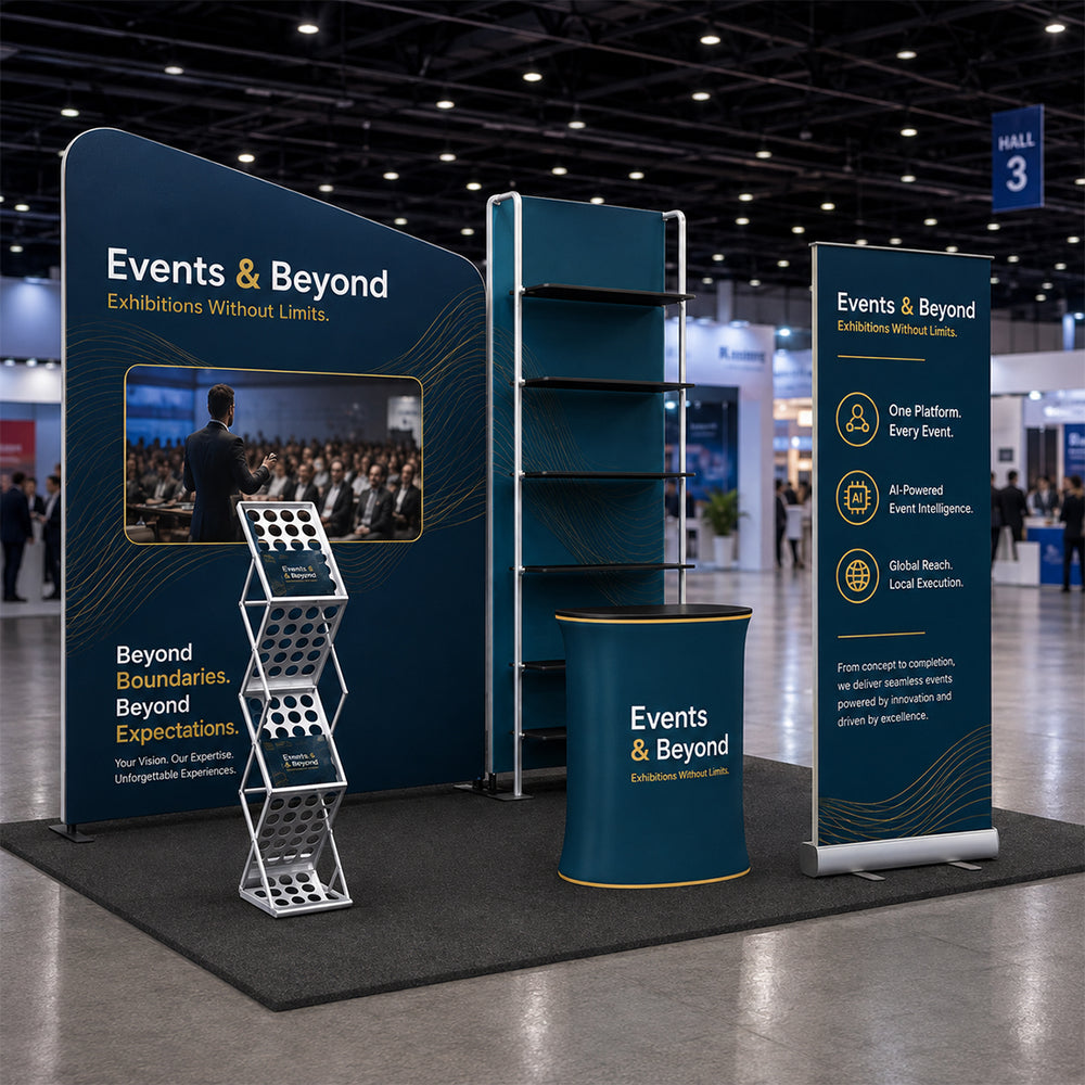 3x3m Booth Kit with Inclined Wall, Pegboard Shelving & Roll-Up
