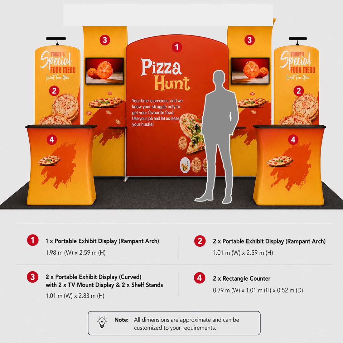 3x6m Booth Kit with Slanted Arches, Curved Walls & 2 Counters