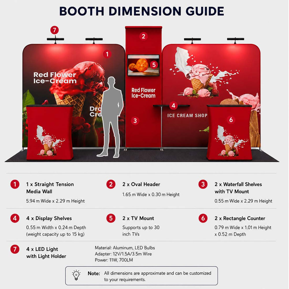 3x6m Booth Kit with 4.9m Backwall, Curved TV Wall & 2 Counters