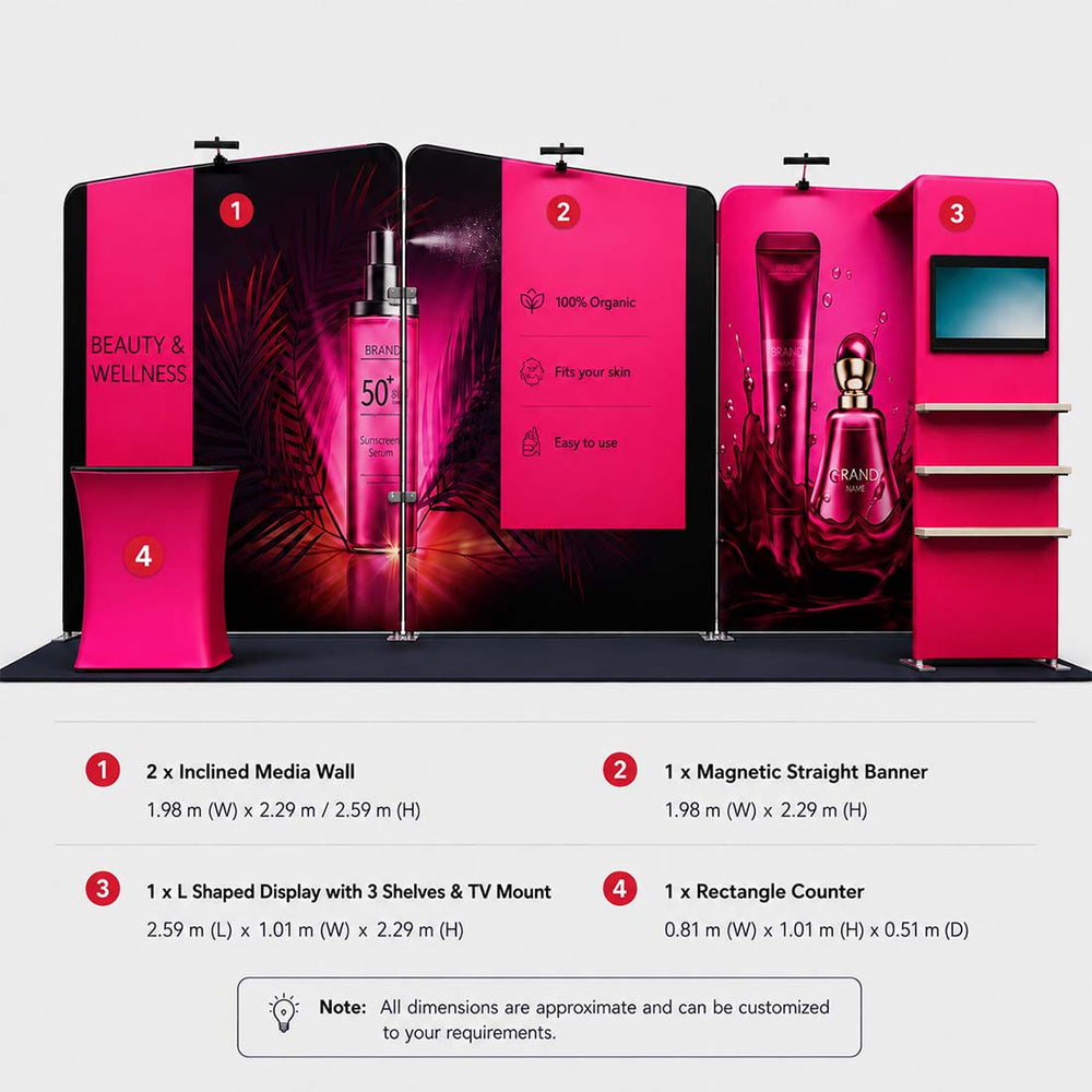 3x6m Booth Kit with Inclined Walls, L-Shape TV Tower & Counter