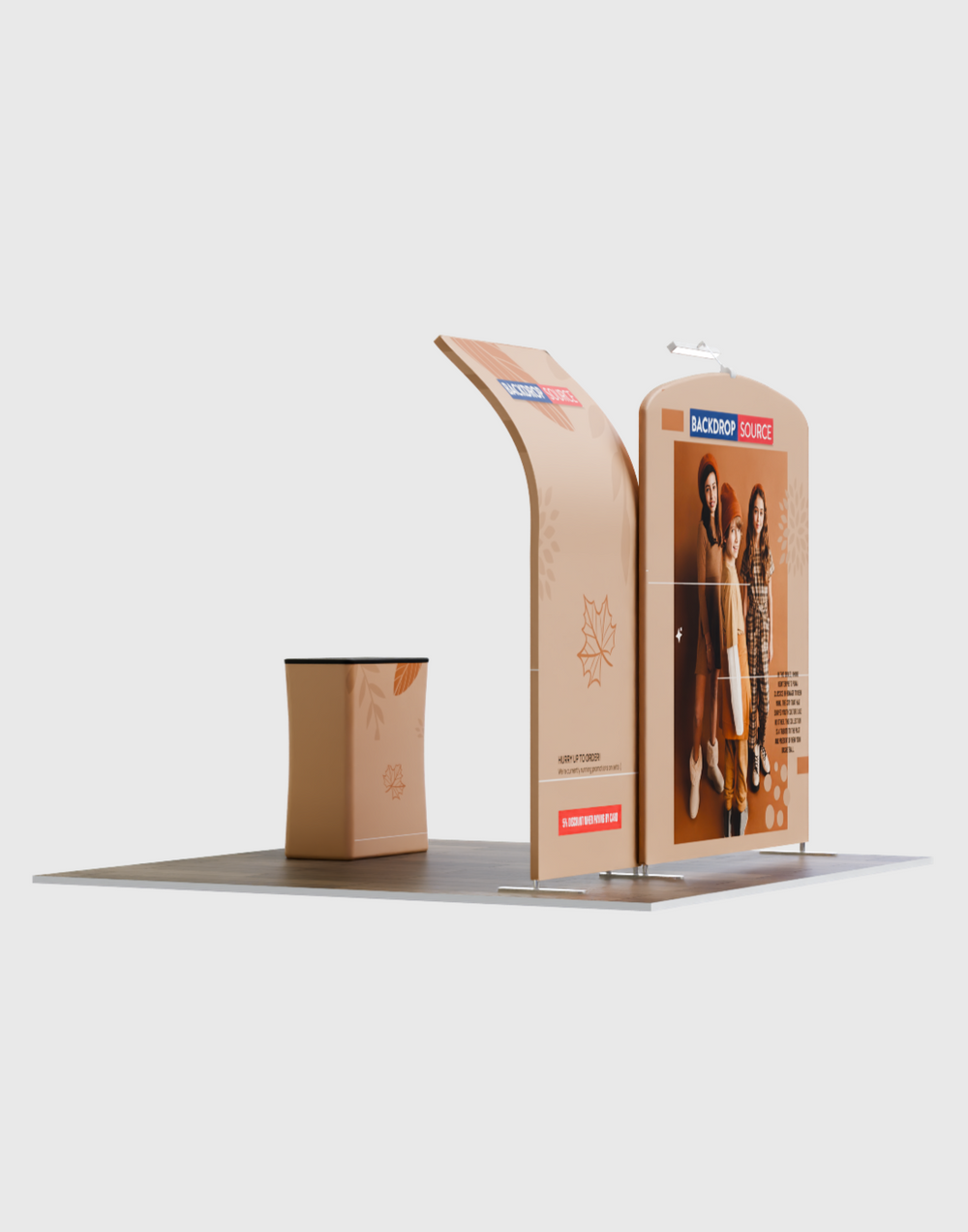 3x3m Booth Kit with Curved Wall & Sloped Arch, Counter & TV