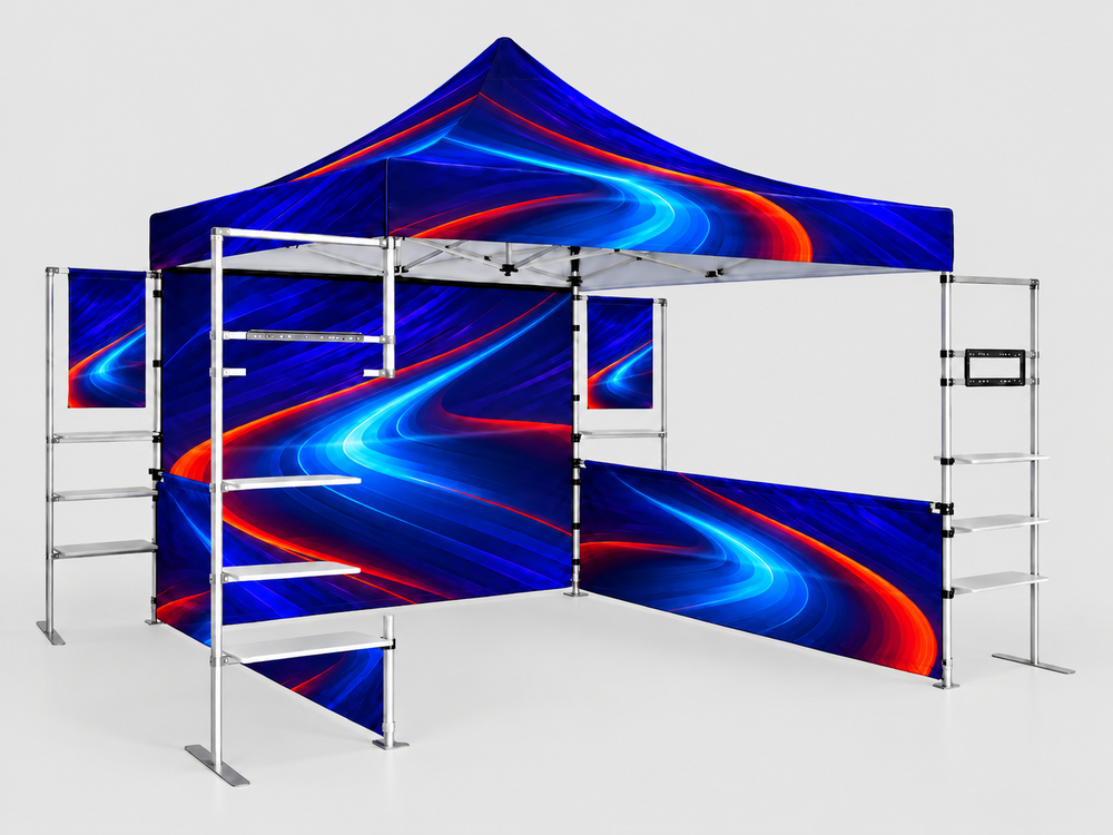 10ft x 10ft Fabric Canopy Kit A5 with TV Racks & Display Shelves
