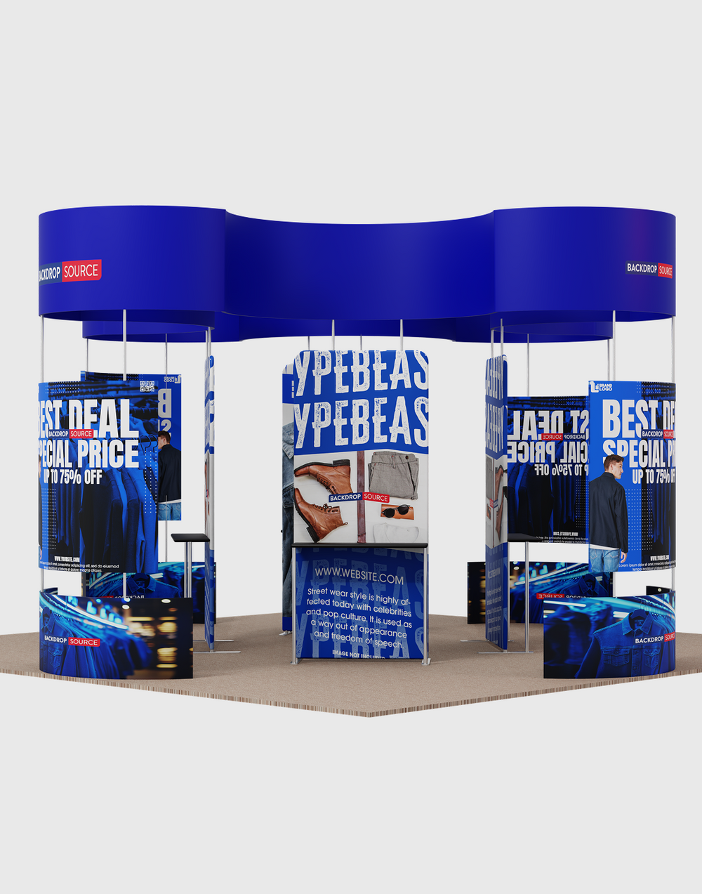 6x6m Island Booth with Curved Wall Panels & Display Shelving
