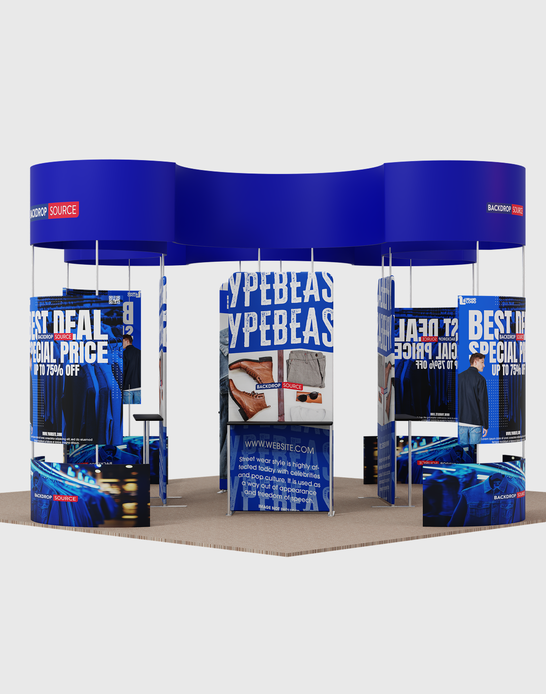 6x6m Island Booth with Curved Wall Panels & Display Shelving