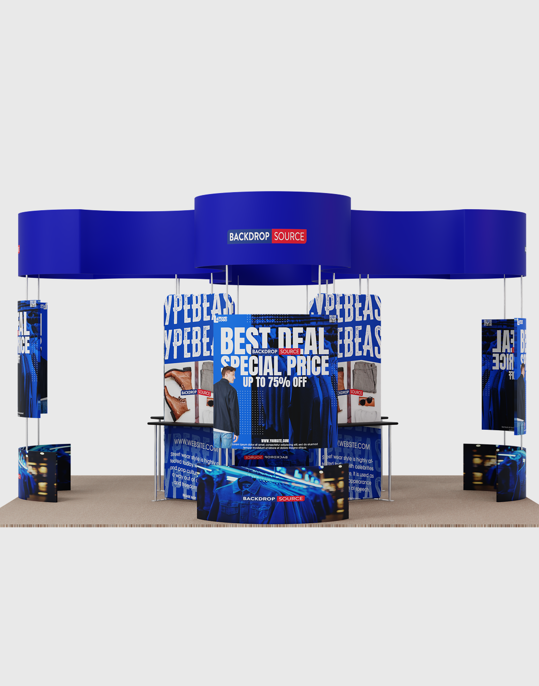 6x6m Island Booth with Curved Wall Panels & Display Shelving