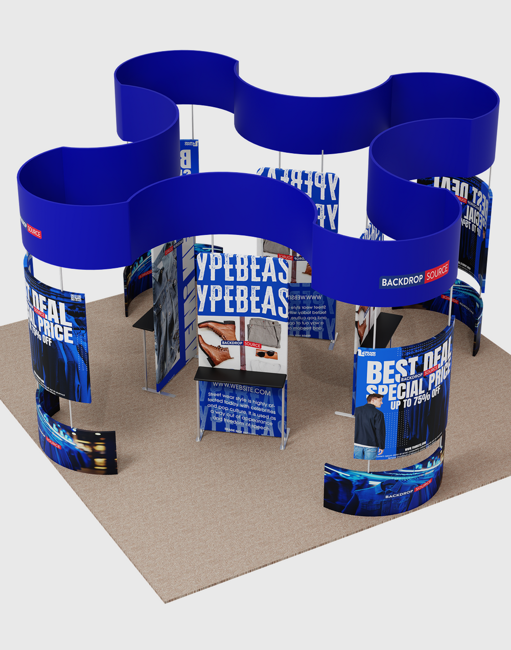 6x6m Island Booth with Curved Wall Panels & Display Shelving