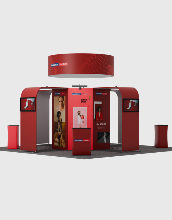 6x6m Island Booth with Circular Banner, TV Arches & 4 Counters