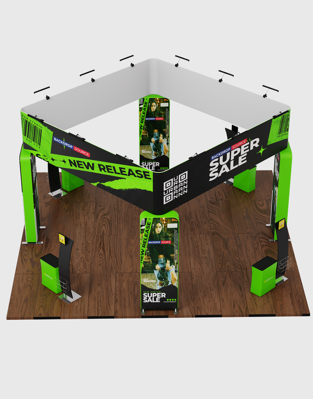 6x6m Island Booth with 3D Wall Boxes, 4 Counters & iPad Stands
