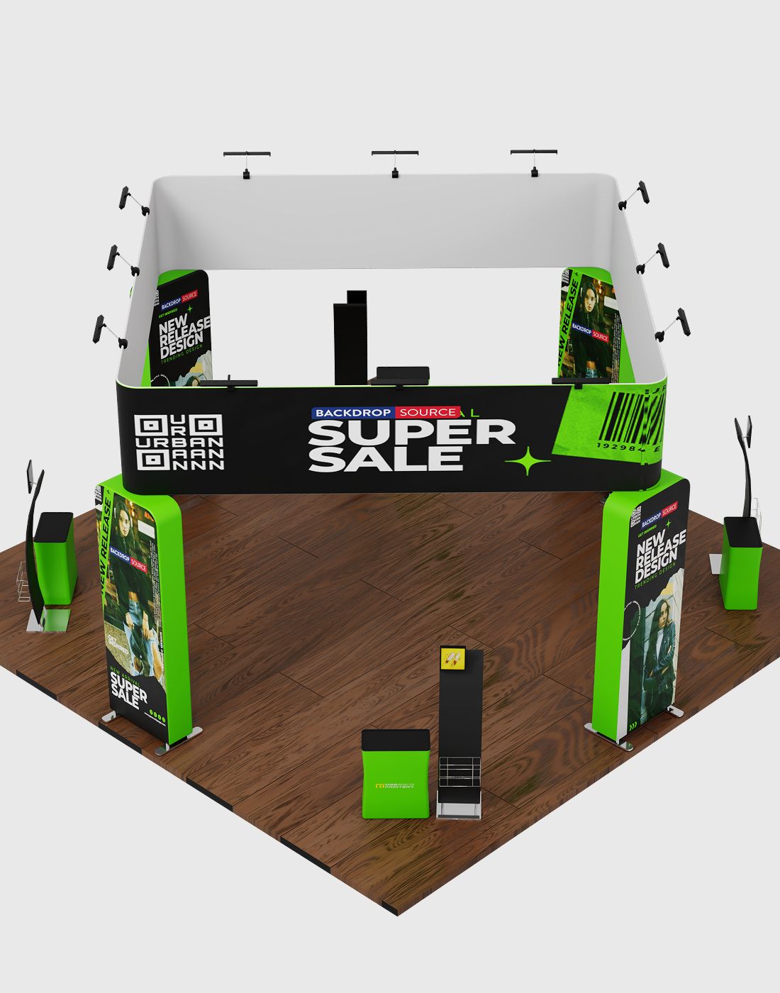 6x6m Island Booth with 3D Wall Boxes, 4 Counters & iPad Stands