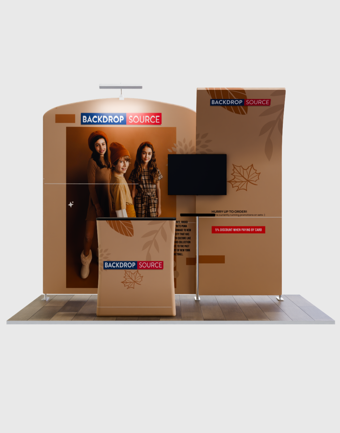 3x3m Booth Kit with Curved Wall & Sloped Arch, Counter & TV