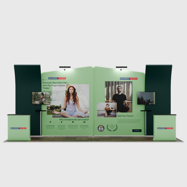 6x3m Booth Kit with Inclined & Curved Walls, 2 Counters & TVs