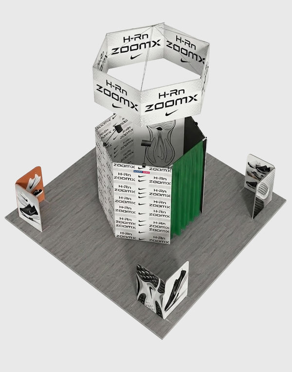 6x6m Island Booth with Hexagon Lounge Enclosure & Hanging Sign