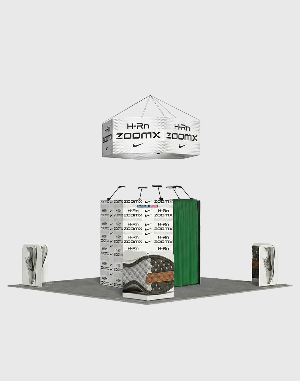 6x6m Island Booth with Hexagon Lounge Enclosure & Hanging Sign