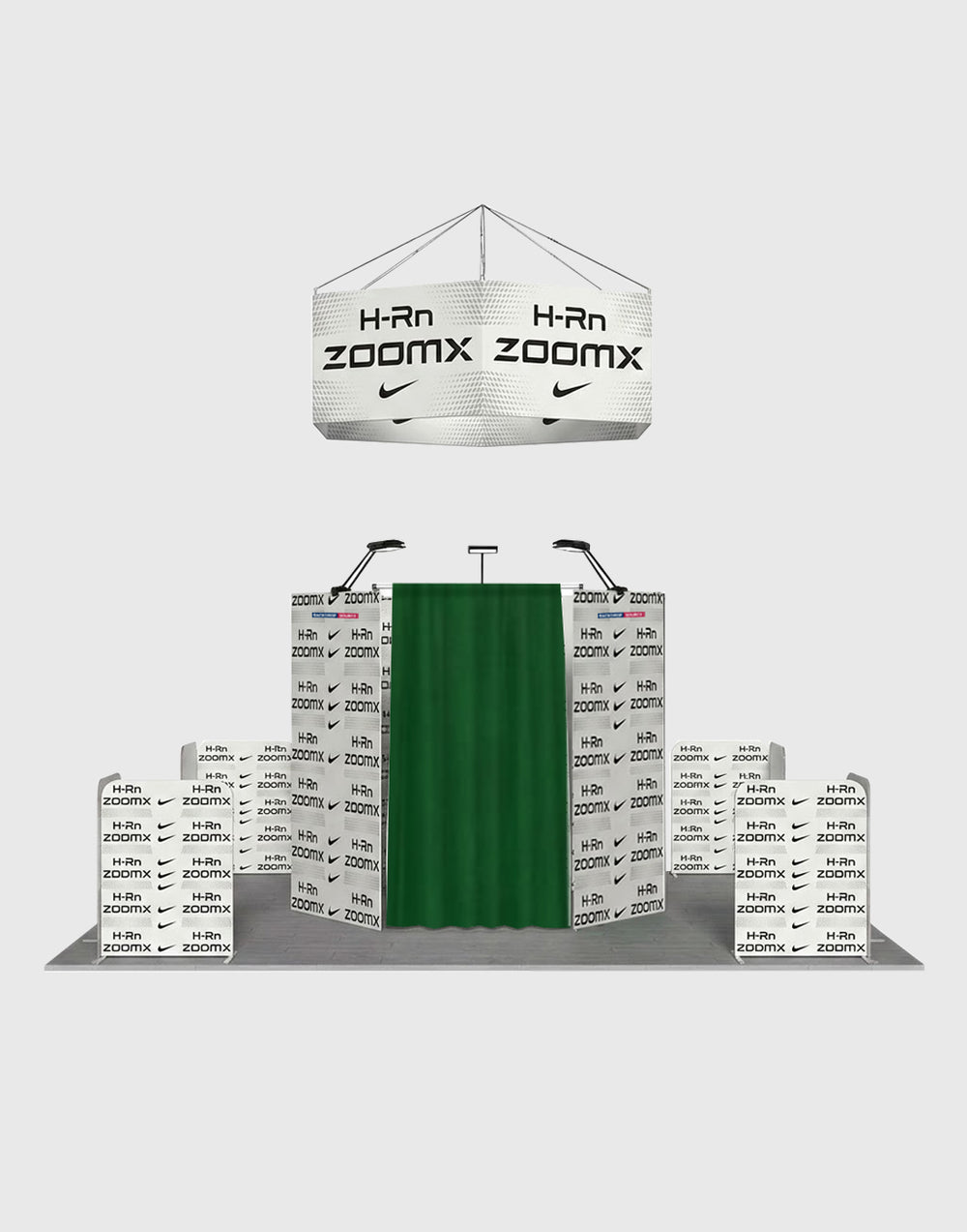 6x6m Island Booth with Hexagon Lounge Enclosure & Hanging Sign